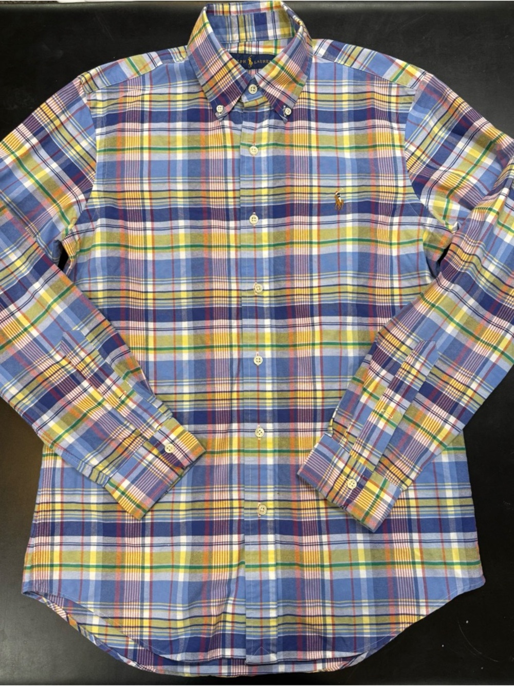 Ralph Lauren Plaid Button Down Shirt Blue Yellow Pony Logo Preppy Mens- Small